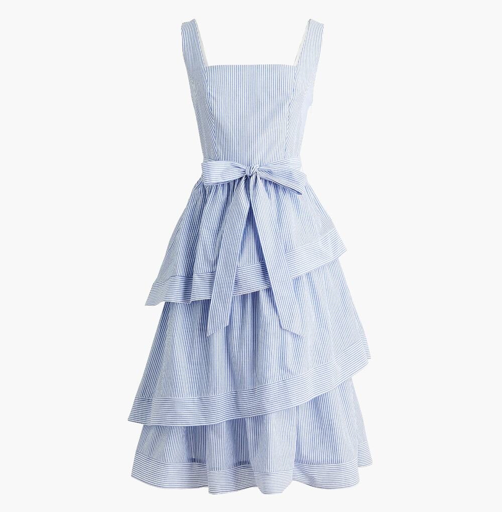 J.Crew Striped Sleeveless Belted Tiered Dress White Banker Blue Retro US 6 NWT